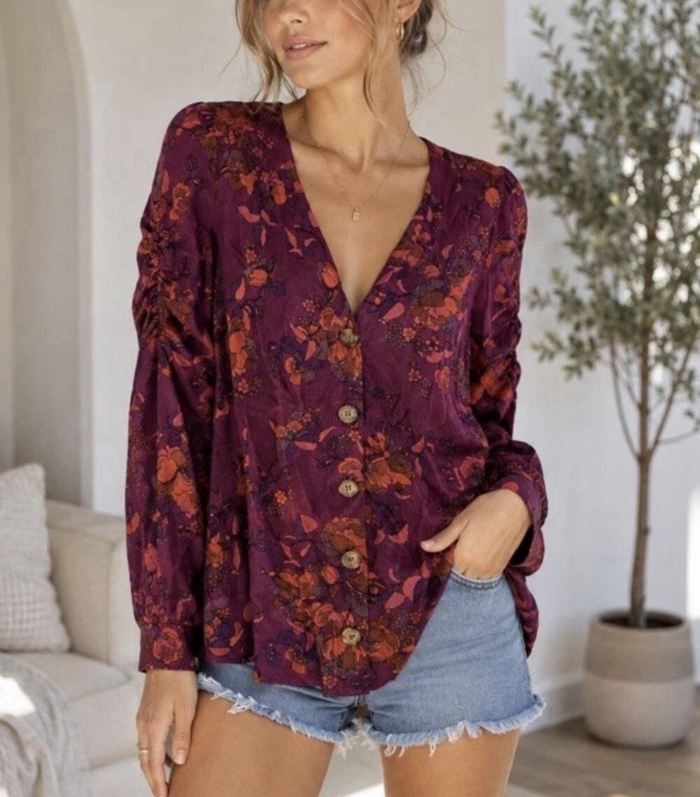 Maeve Anthropologie Jordan Raspberry Floral Long Sleeve Blouse Size Medium